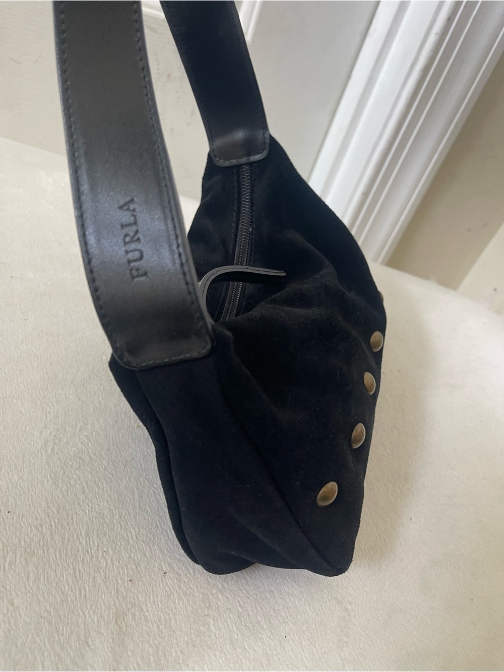 Furla Rare Black mini Suede Shoulder Bag with Brass Studs - Picture 3 of 16